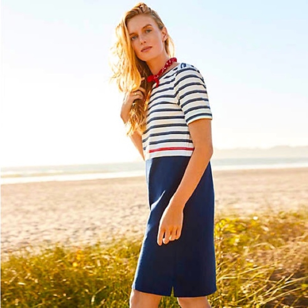 Lands' End Nautical White and Blue Striped Jersey Knit Midi Dress